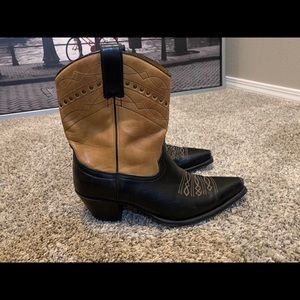 Tan and black Frye cowboy boot